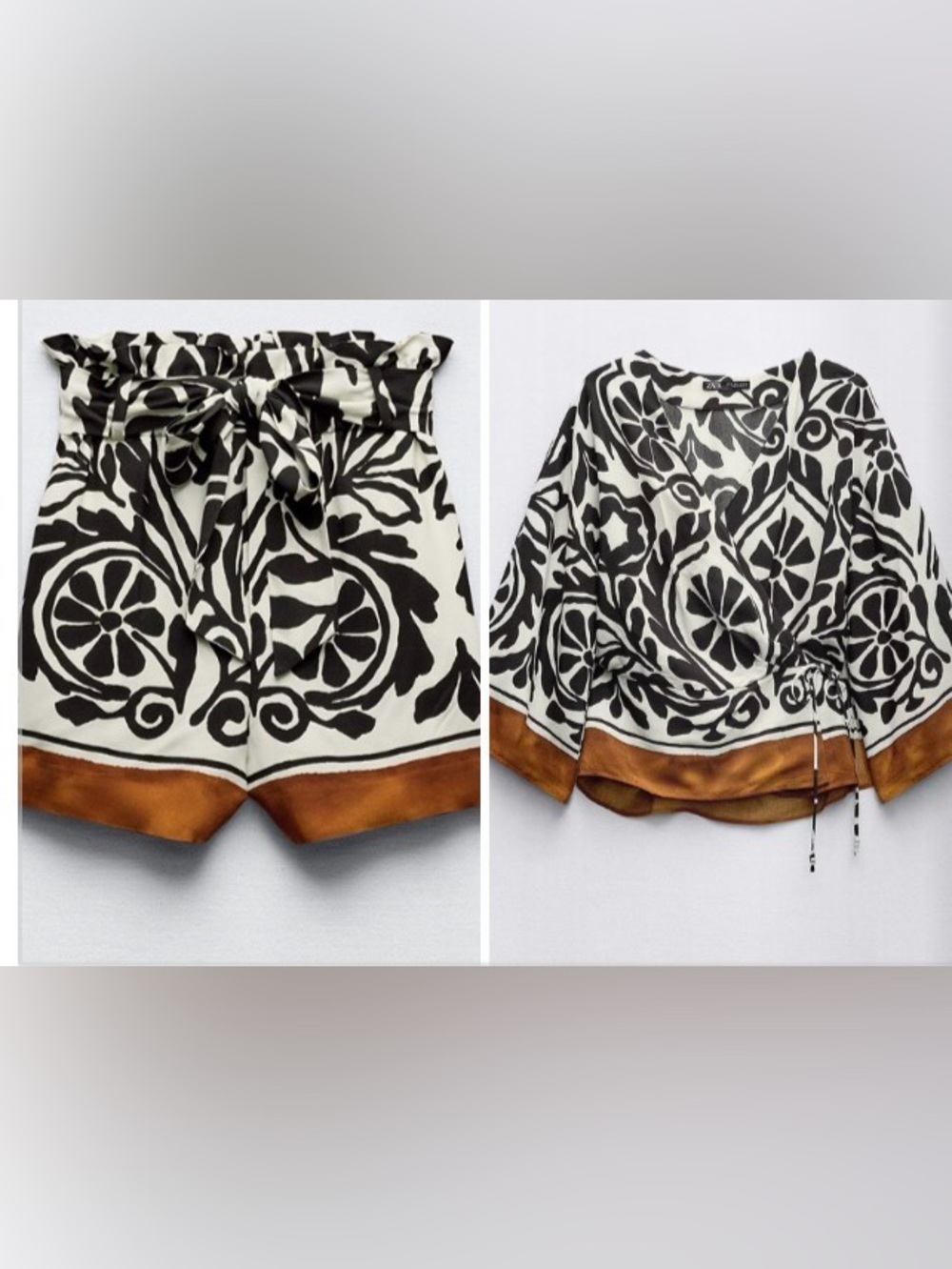 Zara Black & White Floral-Print Short Set with Brown Trim